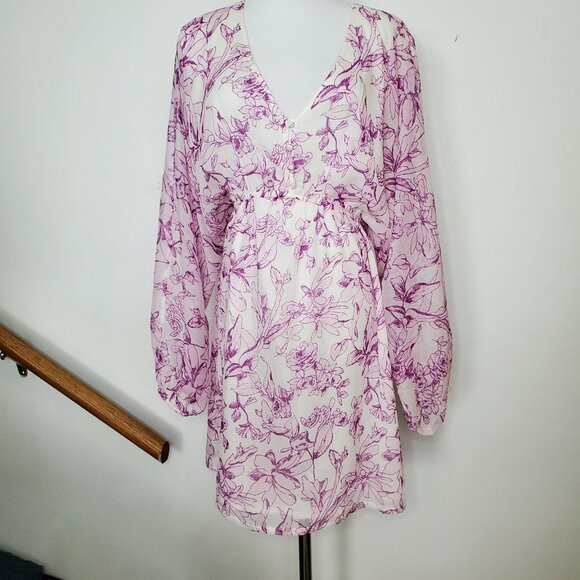 Women's Balloon Long Sleeve Mini Dress A New Day  Cream Purple Floral  XL - Picture 2 of 8